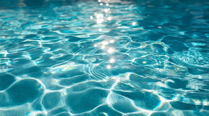 Obraz premium Close up Macro top view Clear blue swimming pool surface with shimmering sunlight reflections, bright summer light, ripple texture