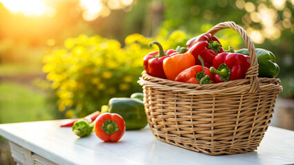 Capsicums in basket and Some Capsicums on table in Natural Background, Capsicum in basket