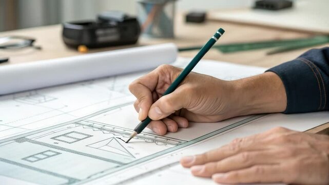 Creative Sketching of Architectural Plans with Pencil on Large Paper