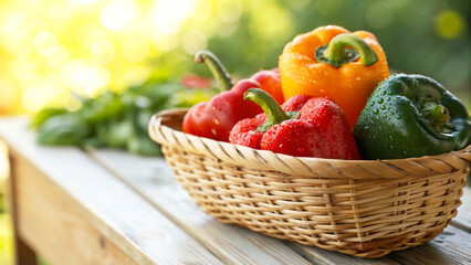Capsicums in basket with water drop on table, and few Capsicums are lying around the table in Natural Background, Capsicum in basket