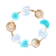Watercolor frame made of cord and strung shells and sea glass. Marine theme. Watercolor illustration.