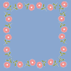 Minimal Floral Border Frame with Pink Flowers on Blue Background