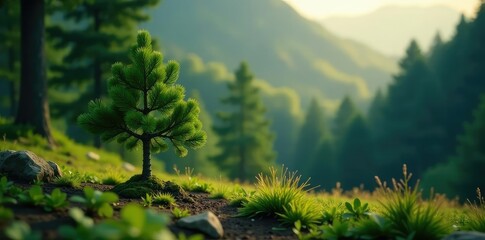 Fototapeta premium A small tree blends seamlessly into the surrounding forest, landscape, pine tree, leaves