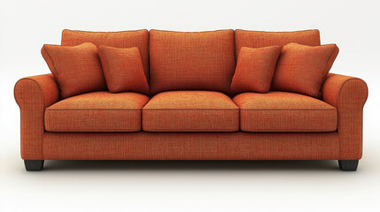Comfortable three-seater rust-colored textured fabric sofa with multiple pillows...