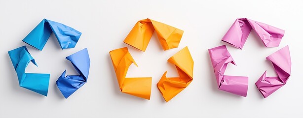 Colorful recycling symbols made from folded paper in blue, orange, and pink on white background, eco-friendly and sustainability concept