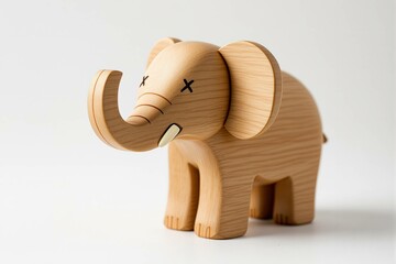Jouet, Éléphant en bois stylisé avec un œil en forme de “X”, au design minimaliste et moderne.