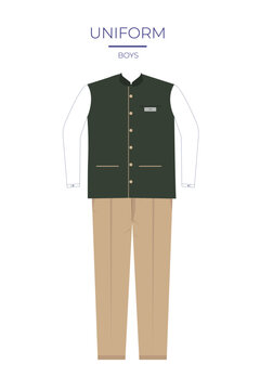 Illustration of Boys' School Uniform with Khaki Pants and Dark Green Waistcoat over White Shirt