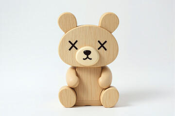 Jouet, Lapin en bois stylisé avec un œil en forme de “X”, au design minimaliste et moderne.Jouet, 