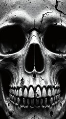 A close-up view of a weathered skull, featuring intricate details and a dark, textured surface, evoking a sense of mystery and the macabre