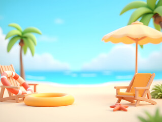 Summer beach vacation 3d illustration, Beginning of Summer holiday travel seaside summer vacation concept illustration background