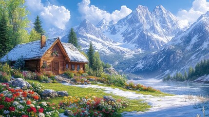 Wooden cottage in a snowy valley with flowers and stone mountains, digital artwork.