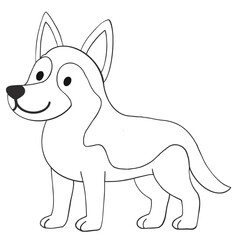 Outline illustration of a cartoon German Shepherd dog, designed for coloring books or educational activities. Clean black contour on transparent background, perfect for kids' projects or craft designs