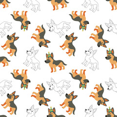 Seamless pattern design featuring cheerful German Shepherd cartoon dogs, some wearing festive party hats, on a black background with subtle outlined dog silhouettes. Ideal for pet-themed products, kid