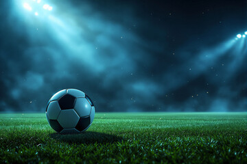 Naklejka premium Soccer ball on grass field under stadium lights with cloudy night sky background, glowing particles, sport concept. Ai generative