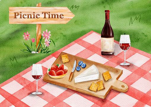 Watercolor illustration of picnic meal with wine, lunch, and flowers, artistic design for International Picnic Day advertising, marketing, and social media banner - Powered by Adobe