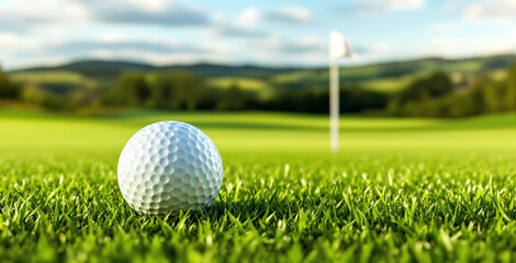Obraz premium Close-up of white golf ball on green grass with flag and hilly landscape in background, photorealistic style, concept of outdoor sport and precision. Ai generative