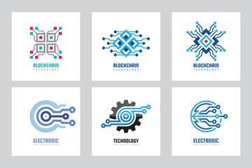 Electronic technology business logo set template concept vector illustration. Gear electronic factory sign. Cog wheel technology symbol. SEO emblem. Blockchain network communication. Design element.