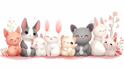 Cute Animal Group with Flowers