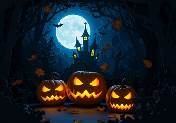 Fototapeta premium Glowing Jack-o'-lanterns in Spooky Dark Forest at Night