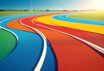 a vibrant, colorful running track curves into the distance under a bright sunlit sky with green grass beyond.