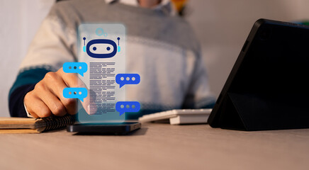 Man uses AI chat on his smartphone. Software hologram or mobile app
