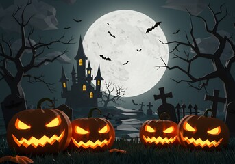 Fototapeta premium Glowing Pumpkins Before a Spooky Castle on a Halloween Night