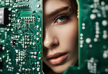 a striking portrait of a woman with captivating blue eyes partially obscured by a detailed green circuit board, symbolizing the intersection of humanity and technology.