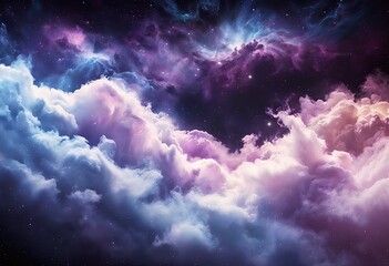 a vibrant and ethereal cosmic cloudscape swirls with shades of lavender, pink, and cerulean against a backdrop of distant starlight.