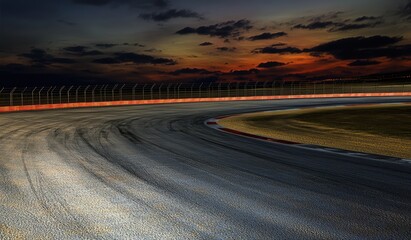 Night race track curve, sunset sky backdrop.  Tire marks visible