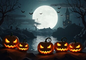 Fototapeta premium Halloween Night Scene with Glowing Pumpkins near a River