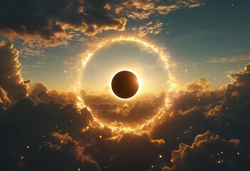 Obraz premium a dramatic digital painting depicts a solar eclipse with a black orb surrounded by a fiery corona set against a swirling, cloudy, golden sky.