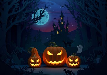 Fototapeta premium Halloween Night Scene with Jack-o'-Lanterns and Castle