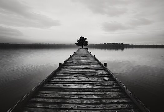 a weathered wooden pier extends into a still, gray lake toward a solitary tree on the distant shore. - Powered by Adobe
