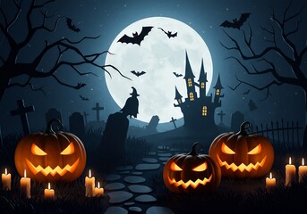Halloween Night Scene with Jack O'Lanterns and Haunted Castle