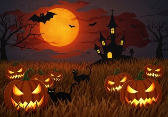 Halloween Night Scene with Pumpkins and Black Cats