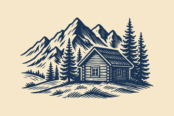  Mountain cabin and pine trees in vintage engraving vector style