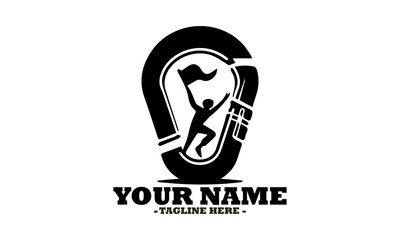 illustration depicting a determined climber ascending a rope to plant a flag at the peak, enclosed within a sturdy carabiner. Simple vector icon of a carabiner logo design illustration