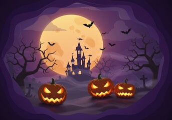 Fototapeta premium Halloween Night Scene with Pumpkins and Castle Silhouette
