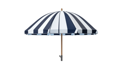 Isolated view of a striped blue and white umbrella with a wooden pole on black background, Chic Outdoor Umbrella Design, Elegant Striped Patio Umbrella, Outdoor Umbrella
