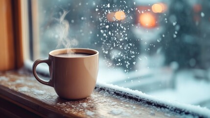 Obraz premium Steaming mug sits on a snowy windowsill with a blurred winter background.