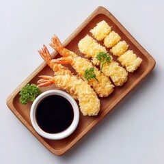 Premium tempura set with prawns and vegetables, minimal high-end style