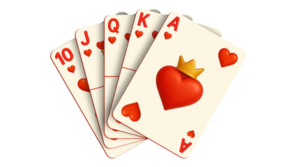 White Poker Royal Flush Hearts 2D Icon, Transparent Background, AI Generated