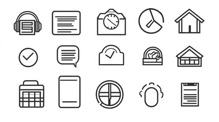 Set of minimalist vector icons for contact us page, business technology website elements with simple shapes on white background.