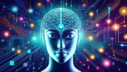 Human Head Silhouette with Digital Brain and Abstract Circuit Connections in Futuristic Style