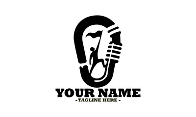 illustration depicting a determined climber ascending a rope to plant a flag at the peak, enclosed within a sturdy carabiner. Simple vector icon of a carabiner logo design illustration