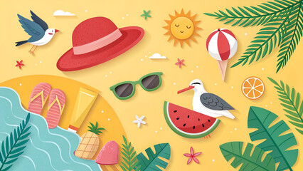 Naklejka premium 3d Colorful Summer bright yellow Sale Banner or Poster template with 3d items like red Hat, green Sunglasses,pink seagull, green Watermelon, Ice Cream, sun cream, blue flip flops, Beach' Tropical Elem