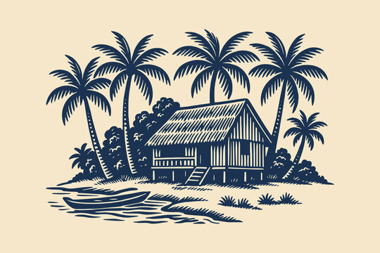 Tropical hut with palm trees in black and white engraving style