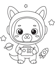 Coloring book rabbit astronaut with stars, a planet, and a rocket. Perfect for kids creative coloring
