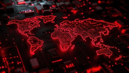 Red world map outline on a dark circuit board background with glowing effect.