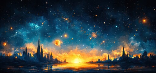 Naklejka premium Celestial Cityscape: A breathtaking digital painting of a futuristic city at sunset under a vibrant, star-filled sky.